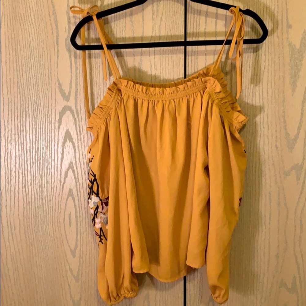 Women’s Off The Should Mustard Embroidered Top